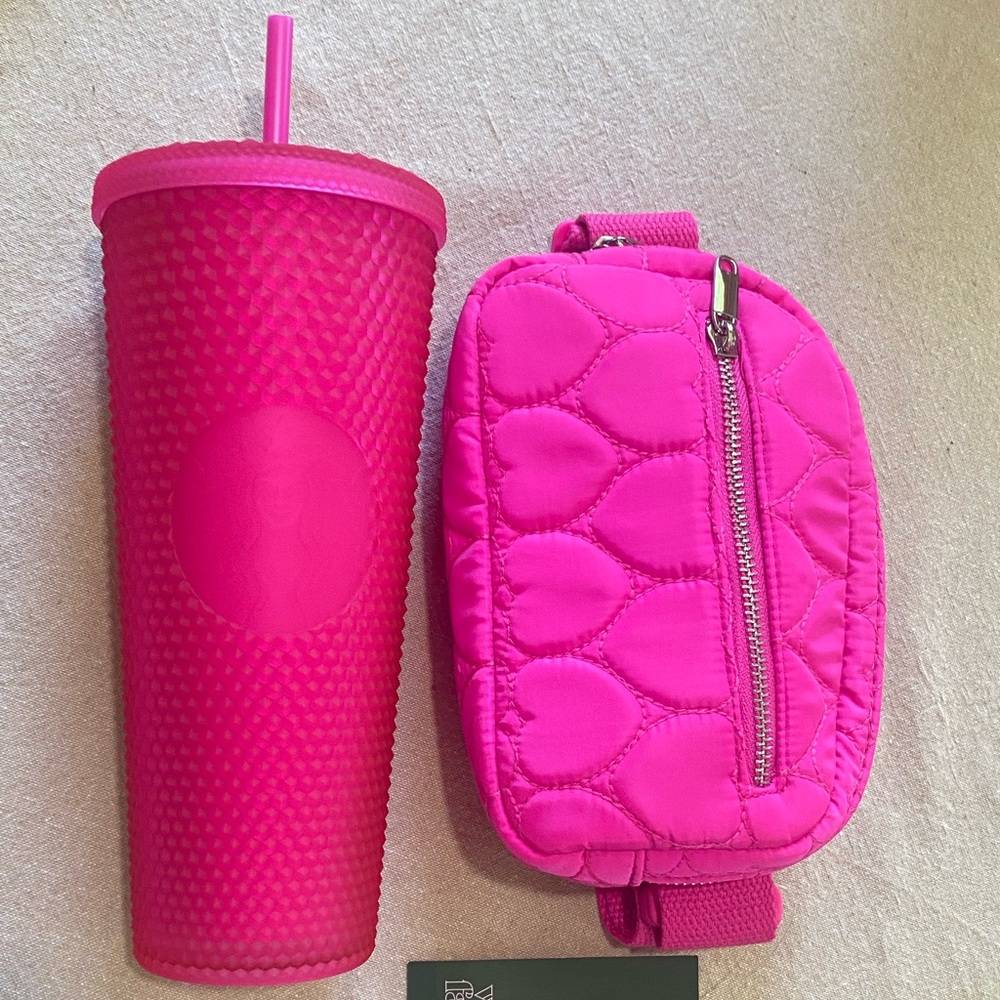Starbucks Tumbler and Pink Belt bag
